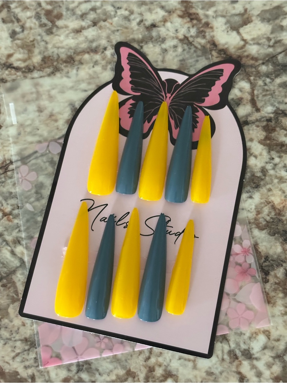 Yellow and Teal Stiletto Press-On Nails